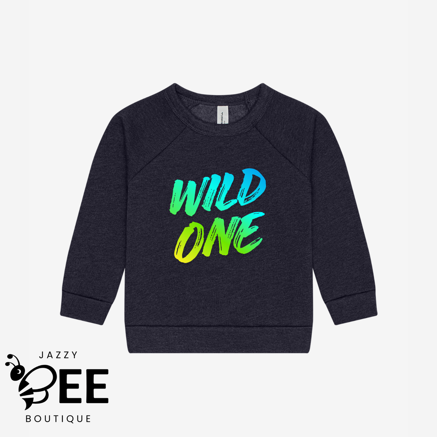 Navy blue sweatshirt with 'WILD ONE' text in green and yellow on a light gray background, featuring the Jazzy Bee Boutique logo.