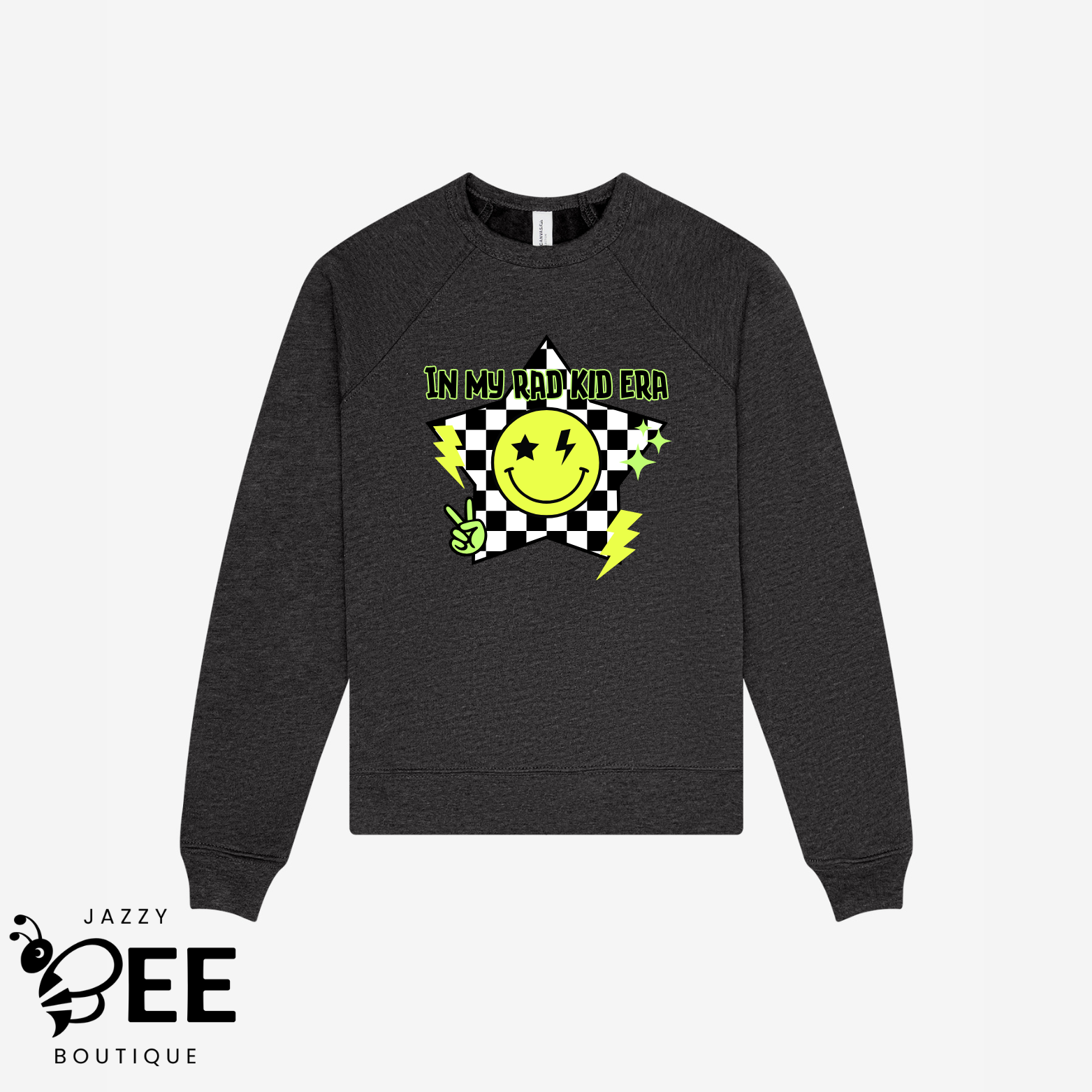 Dark gray sweatshirt with a smiley face and text design on a white background, featuring the brand 'Jazzy Bee Boutique'.