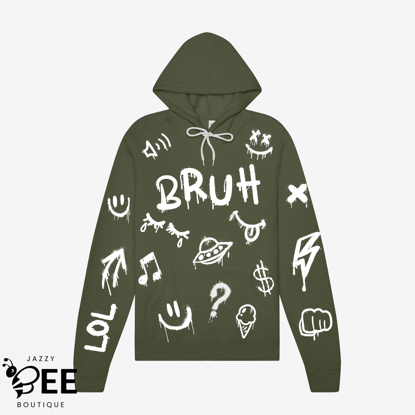 Green hoodie with white graphics and text on a light gray background