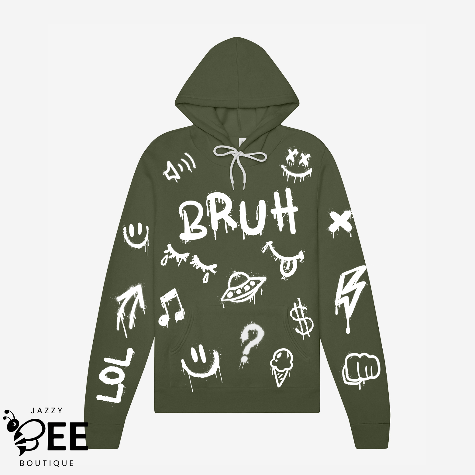 Green hoodie with white graphics and text on a light gray background