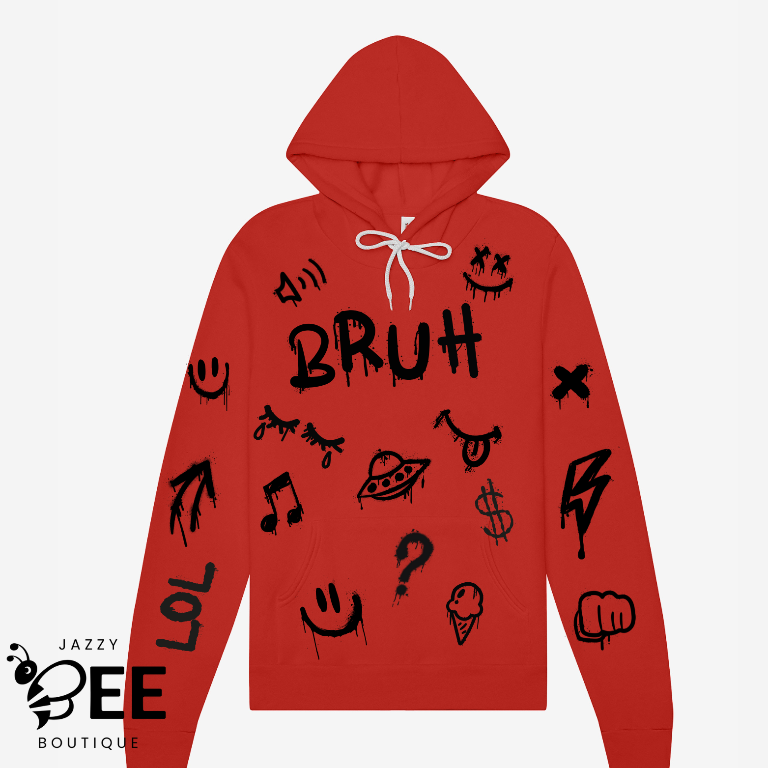 Red hoodie with black graphics and text on a white background, featuring the brand 'Jazzy Bee Boutique'.